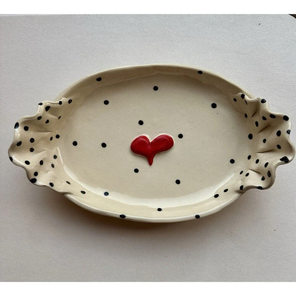 Signed Cindy Teyro Handmade Polka Dot Ceramic Trinket whimsical Cottagecore